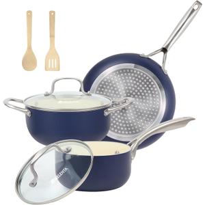 Pots and Pans Set, 7 Piece Nonstick Ceramic Cookware Set, Kitchen Induction Cookware Sets, Pots and Pans Non Stick with Oven Safe Handle, 100% PFOA Free, Blue (9.5" Skillet + 1.5QT Saucepan + 3QT Stockpot)