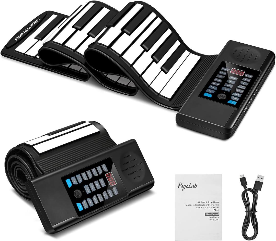 POGOLAB 61 Keys Roll Up Keyboard Piano, Portable Electric Foldable Piano with LED Display, Rechargeable & USB-MIDI Output, Built-in 15 Demos, 128 Tons, 128 Rhythms, Music Gift for Beginners