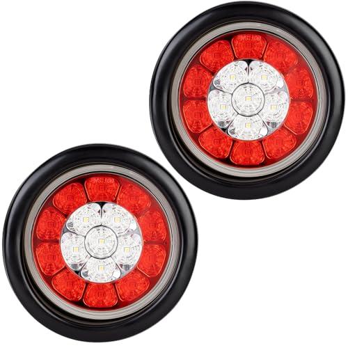 RUNBAITOO 4 Inch Round 16LED Red White LED Trailer Tail Lights - Stop Turn Tail Brake Running Reverse Lights with Flush Mount Rubber Grommets, Waterproof for RV Trailer Trucks (2Pack)