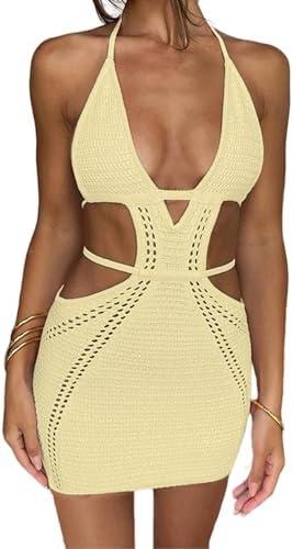 Women's Sexy Halter Hollow Out Knitted Mini Dress Sleeveless Backless Lace Up Bodycon Summer Beach Dress, Medium