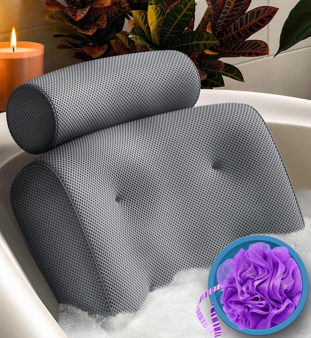 Everlasting Comfort Luxury Bath Pillow - Head, Neck, Back Soft Cushion for Bathtub, Spa & Relaxation (Gray)