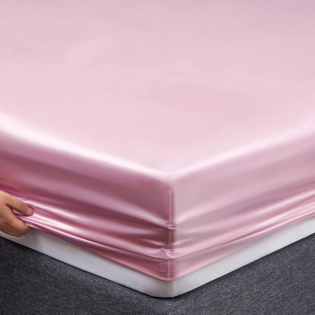 Bedsure Satin Fitted Sheet Only Queen Size - Pink Silk Bed Sheet, Luxury & Ultra Soft, Non-Fading & Wrinkle Free, Good for Skin (Pink, 60x80+15 Inches, 1 Piece, No Pillowcases)