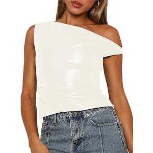 Limerose Womens Off Shoulder Top Sleeveless Shirts Faux Leather Slim Fitted Tank Top (Medium, White)