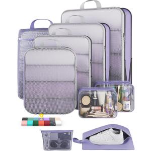 Veken 9/11 Set Compression Packing Cubes for Travel Essentials,Compressible Expandable Large Luggage Suitcase Organizer Bags for Clothing,Durable Space Saver Storage Bags(Purple Gray)