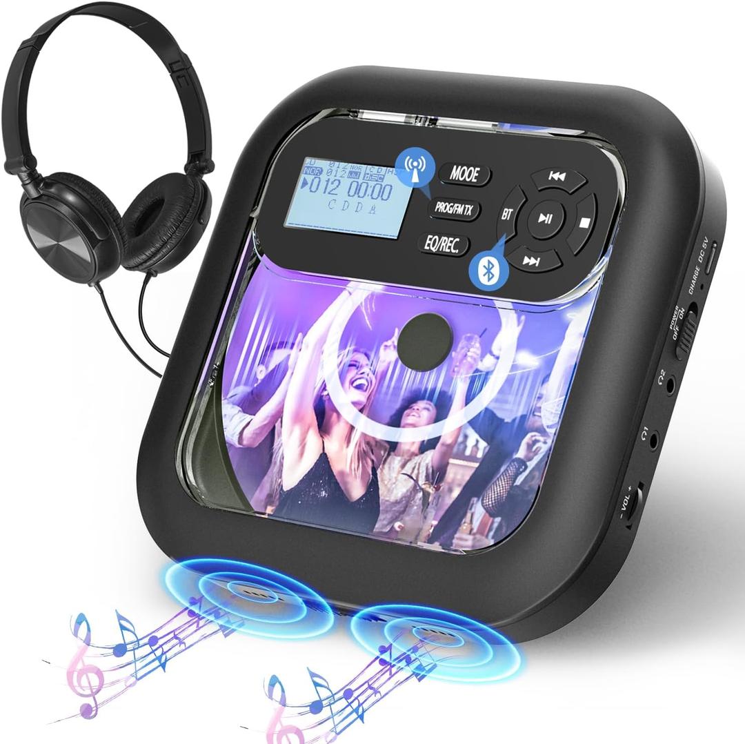 Portable-CD-Player with Bluetooth - Rechargeable with FM Transmitter, Dual Speakers, Headphones and AUX Use for Car Travel Home (Black)