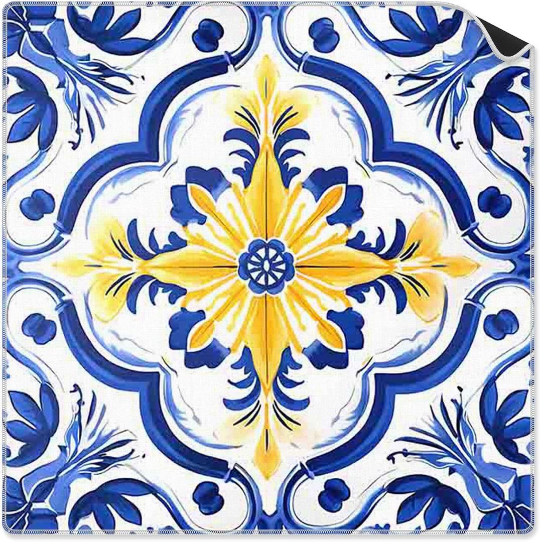 Vintage Azulejo Chinoiserie Flower Mahjong Mat 31.5 x 31.5 Inch | Blue and Yellow Chinoiserie Non-Slip Noise Reduction Mahjong Table Mat for American Mah Jong Poker Card Board Games Dominoes