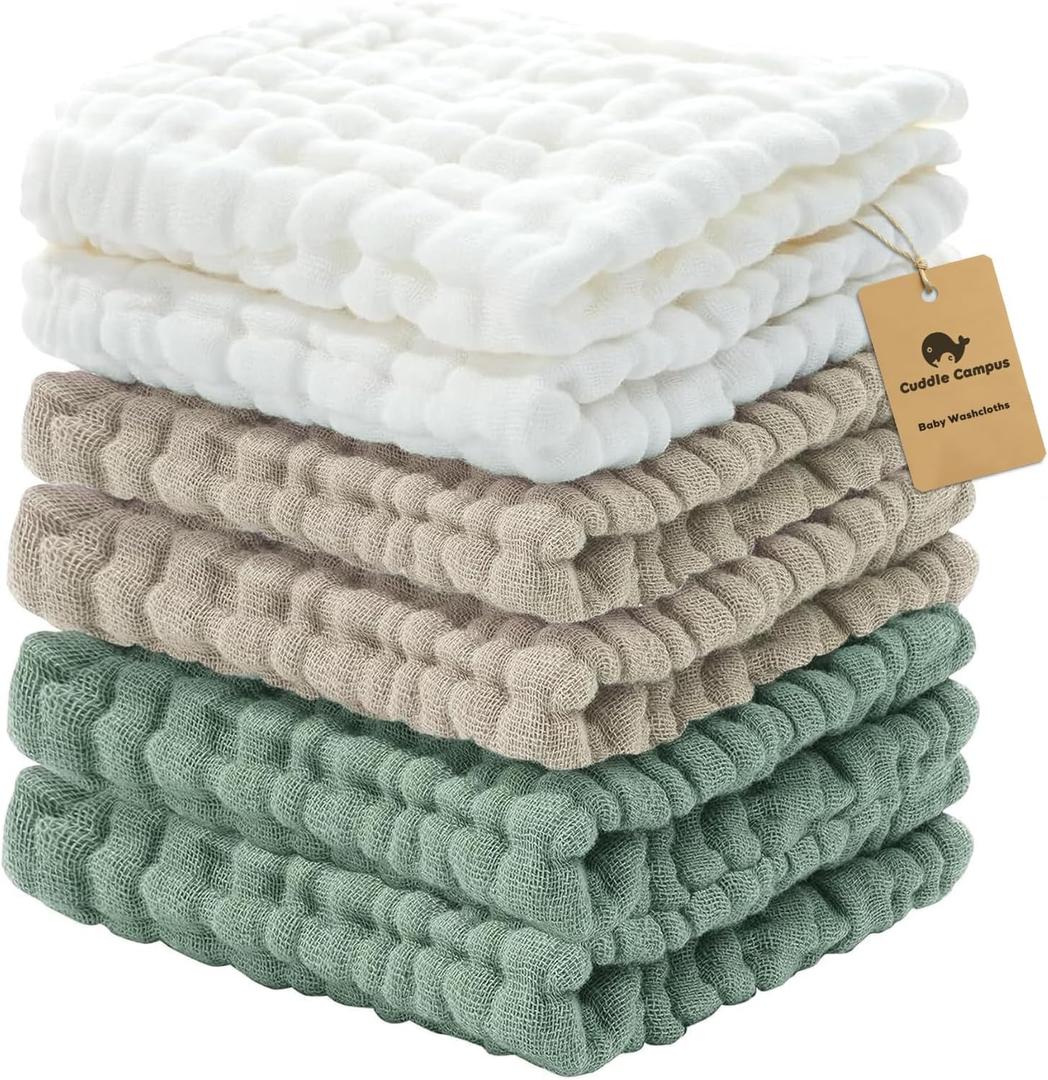 Cuddle Campus Baby Washcloths 6 Packs, Muslin Washcloths Baby,Cotton Burp Cloths, Extra Absorbent and Soft Wash Clothes for Newborns, 12x12 Inches