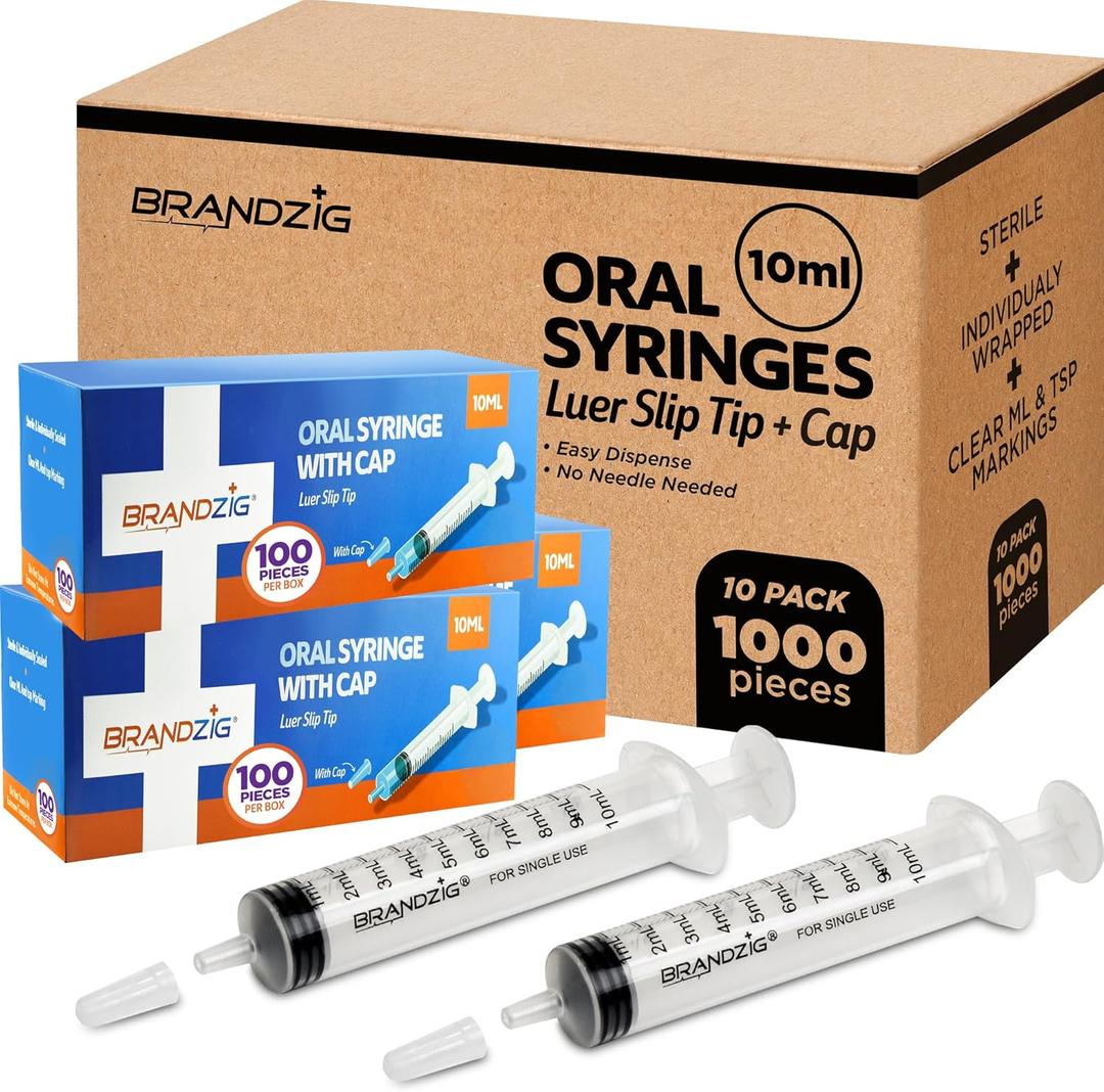 1000 PCS - 10ml Oral Syringe With Cap | Oral Dispenser Without Needle, Luer Slip Tip | Individually Wrapped Medicine Dropper For Infants & Pets - Bulk Case - 10 boxes of 100 PCS (1,000 pcs)