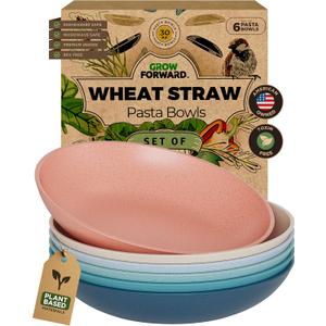 Grow Forward Premium Wheat Straw Pasta Bowls - 30oz Unbreakable Wide & Shallow Dinner Plate Bowls Set of 6 - Microwave Safe Reusable Plastic Pasta Bowls for Kids, Adults, Salad, Camping, RV - Tropical