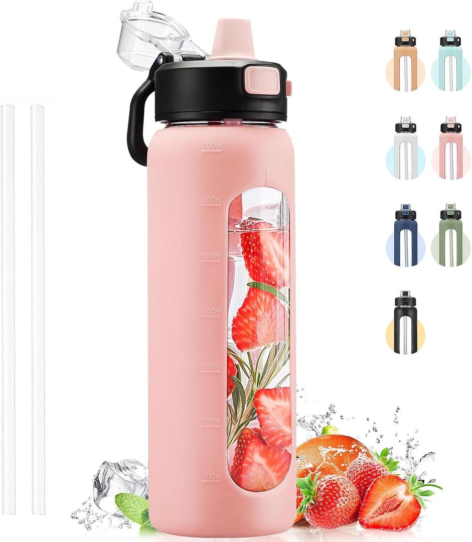Kodrine Water Bottle With Straw and Carry Handle, Glass Water Bottle 24 oz Leak Proof Locking Lid with Soft Silicone Spout, Reusable Drinking Cups for Travel Sports with Time Marker,Pink