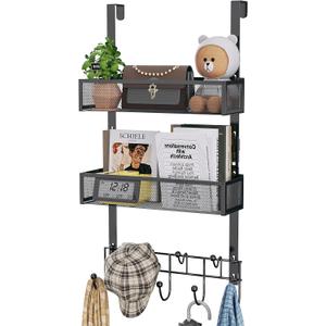 HapiRm Over the Door Hanger with Coat Hooks and 2 Baskets, Rustproof & Waterproof Over the Door Hooks, Storage Organizer for Hats, Bathroom, Kitchen, Bedroom, RV, Camper-Black (for 1.76in Doors)