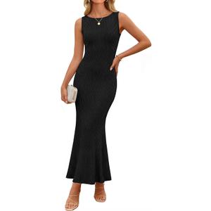 ZESICA Women's Summer Spring Sleeveless Knit Maxi Dress 2026 Boat Neck Bodycon Casual Vacation Party Sweater Dresses (Medium, Black)