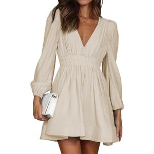 FAIABLE Mini Deep V Sexy Long Sleeve Dress for Women A-line High Waisted Casual Flowy Dress for Cocktail Wedding Guest, L