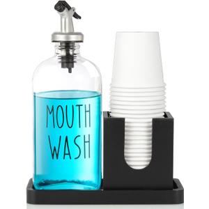 Glass Mouthwash Dispenser for Bathroom, 16 OZ Mouthwash Dispenser with Pour Spout and Wood Cup Holder and Tray, Mouth Wash Bottle Container, Black Kitchen Bathroom Decor and Accessories