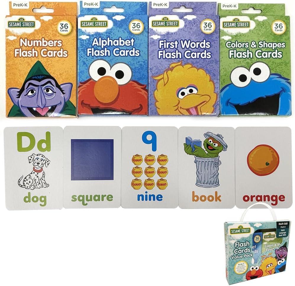 4 Sesame Street Flash Cards Beginning Words Numbers Colors Shapes Alphabet ABC !