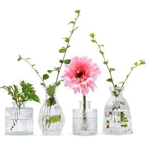 Mapoxy Glass Bud Vases Set of 4,Small Flower Vases for Wedding Centerpiece Table Decorations,Clear Vintage Embossed Mini Vases,Flower Arrangements in Vases for Party or Home Decor
