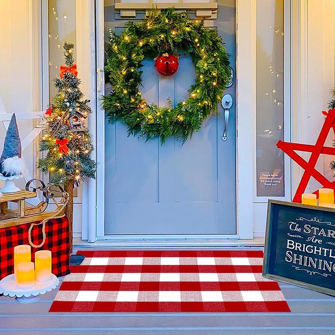 Ckorzen Red and White Plaid Rug, 28" x 43" Christmas Front Porch Outdoor Rug, Handwoven Cotton Washable Rug for Layered Door Mats, Holiday Entryway and Home Dcor
