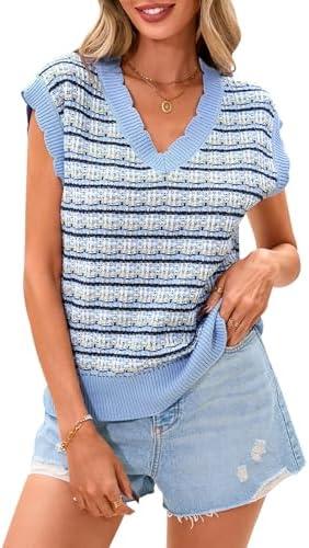 CFLONGE Vests for Women 2025 Trendy Sleeveless Striped Sweater Vest Crochet Knit Cropped Work Tank Top Outfits Y2K Clothes, XXL