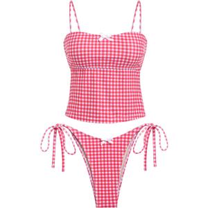 seamoly Women's Tankini Sets Sexy Open Back Two Piece Swimsuit High Cut Side Tie Thong Bathing Suit Floral Gingham Bikini