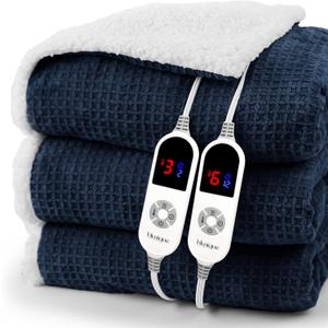 blunique Heated Blanket Electric Blanket Queen Waffle,84x90 Inches Sherpa Fleece Fast Heating Blanket 6 Heating Levels & 10 Hours Auto Off ETL Certification, Navy Queen