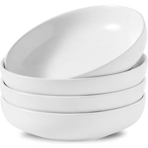 Pasta Bowls Set of 4, Stoneware 34 oz Salad Bowls, Ceramic Bowl Plates for Pasta, Salad, Fruit, Cereal, Soup, Wide Shallow Bowls, Microwave & Dishwasher Safe, Matte White