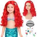 MEEZY Mermaid Red Wigs for Women, Long Wavy Curly Wig Cospaly Mermaid Hair Red Funny Hair with Accessories for Dress Up Christmas Halloween Costume Birthday Party Daily Use