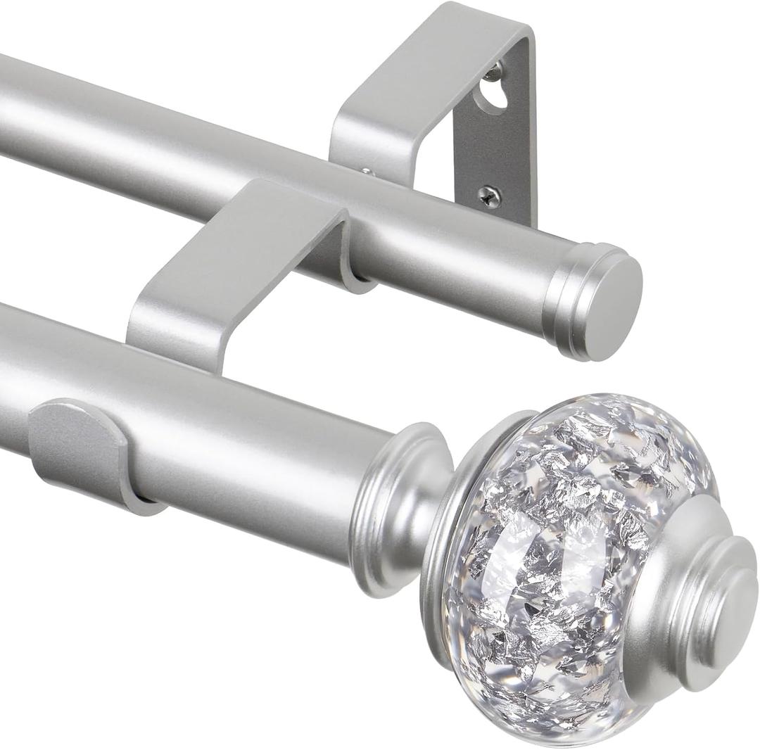 Silver Double Curtain Rod for Windows 66 to 120 Inches (5.5 to 10 Ft), 1 Inch Adjustable Drapery Rods with Sparkling Foil Finials, USFOOK Heavy Duty Curtain Rods for Sliding Glass Door