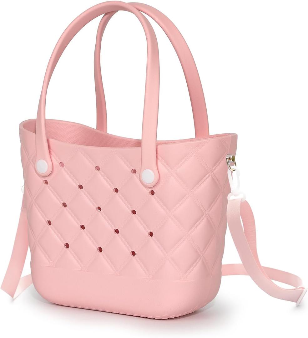 Small Rubber Tote Bag Waterproof Beach Bag with Strap Cute Beach Crossbody Tote For For Little Girls & Women (Pink)