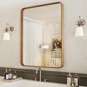 LOAAO 20X30 Inch Bathroom Mirror with Wood Grain Colored Metal Frame, Rounded Rectangle Metal Framed Bathroom Mirror, Anti-Rust, Hangs Horizontally or Vertically