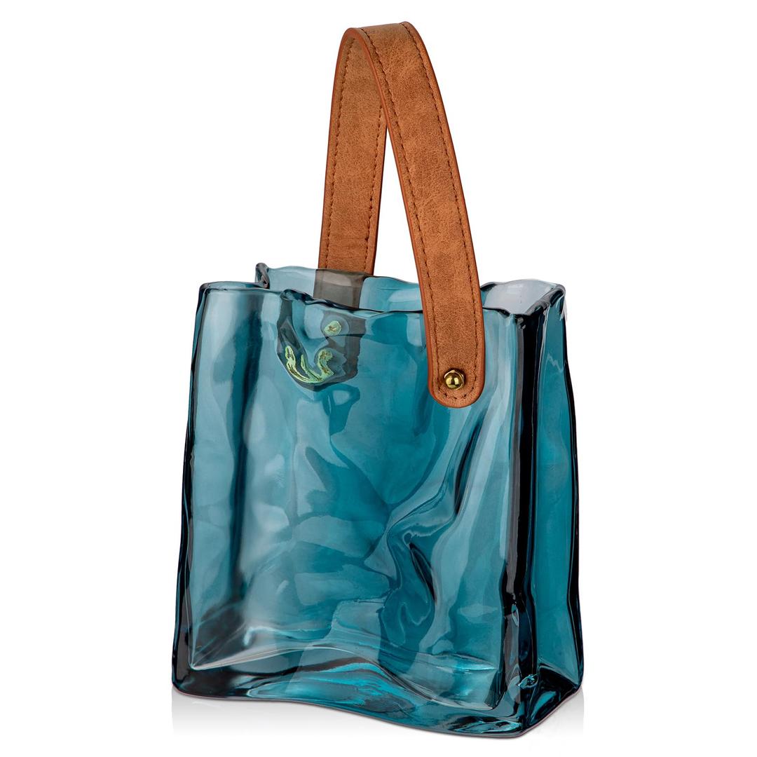 Glass Purse Vase for Flowers Deep Sea Blue Vases for Centerpieces Glass Bag Vase with Leather Handle Small Bag Vases for Decor Decorative Fish Bowl for Home Wedding Decor