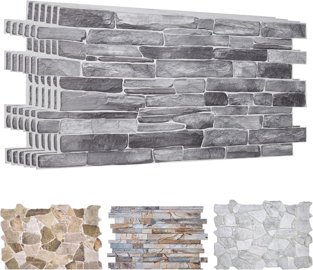 3D Artificial Stone Wall Panels 37.8x18.9 - 10 Sheets, Covers 4.6 sqm / 49.6 sq ft - Decorative PVC Slate Wall Panels for Cladding - Kitchen, Living Room, Bedroom, Office - Natural Grey Rock Stone
