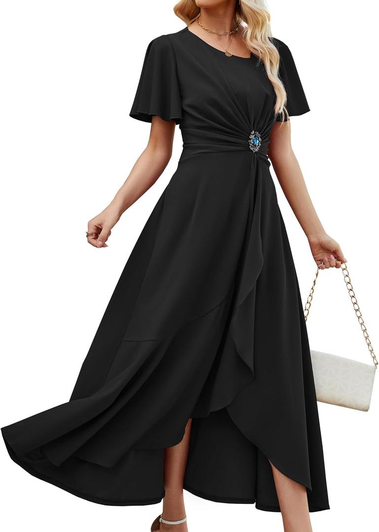 QMZ Wedding Guest Dresses for Women Have Pockets Cocktail Dress Ruffle Sleeve A Line Evening Party Formal Dresses for Women (Black, L)