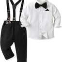 SALNIER Toddler Boy Suit Baby Boys Wedding Dress Outfit Formal Gentleman Clothes Set Dress Shirt Bowtie Suspenders Pants (3T)