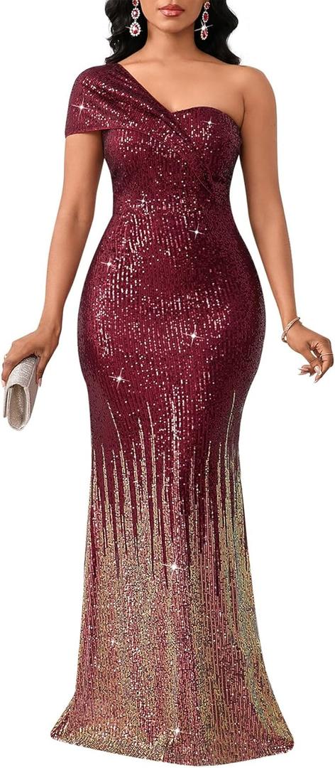 Cololura Women Sexy Sequin One Shoulder Mermaid Formal Party Cocktail Gowns Bodycon Evening Maxi Dress, Size XL