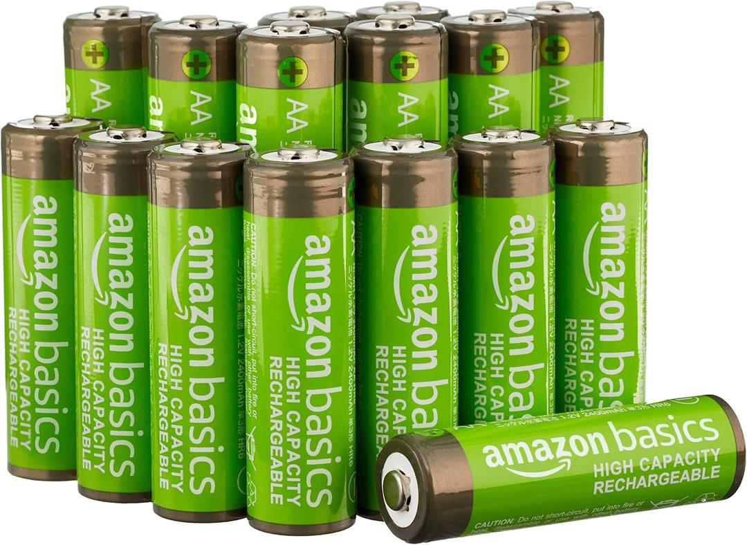 Amazon Basics 16-Pack Rechargeable AA NiMH High-Capacity Batteries, 2400 mAh, 1.2V, Low Self Discharge, Pre-Charged, Recharge up to 400x Times