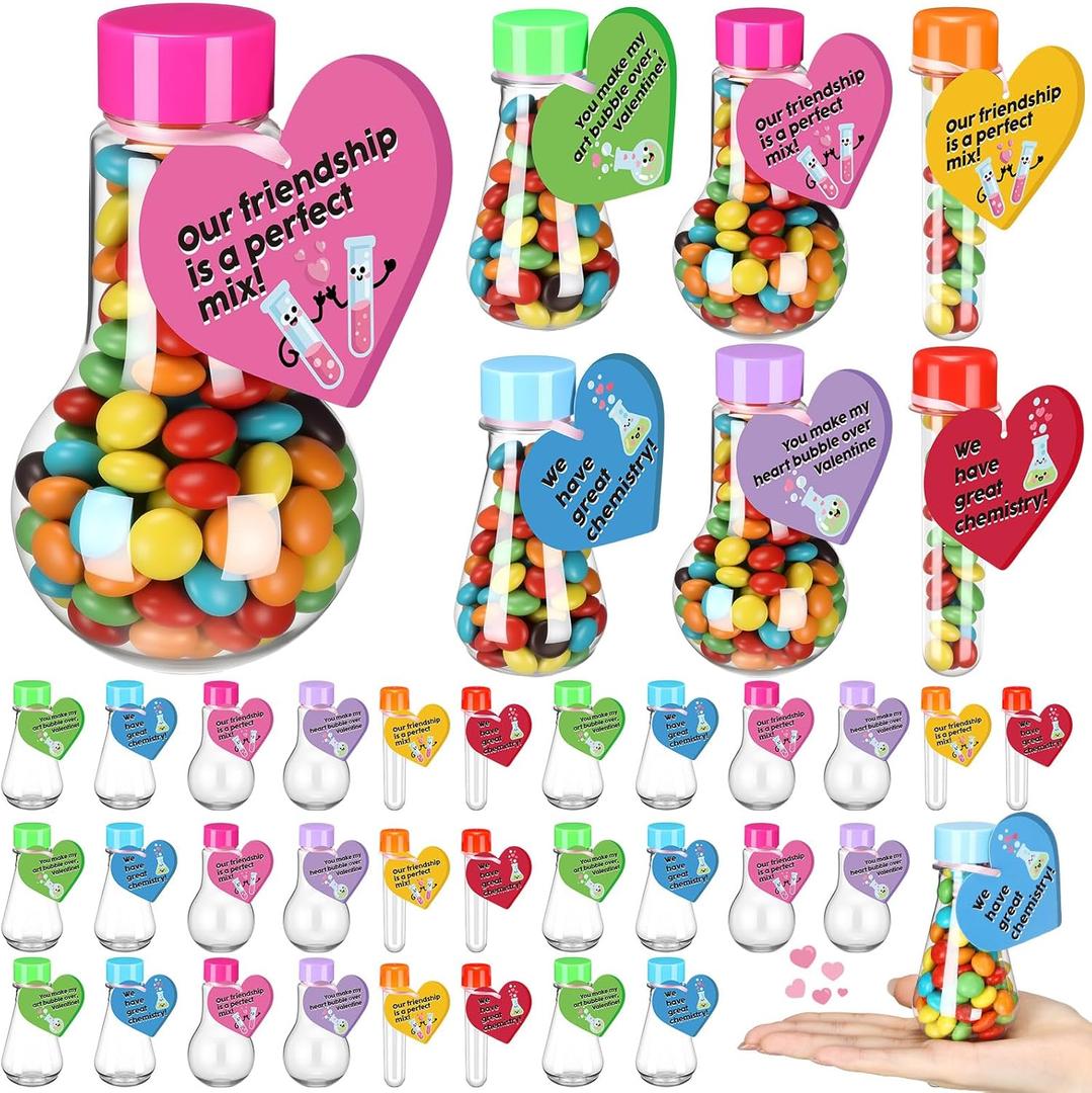 Teecyhoo 24 Pcs Valentines Day Candy Holder Gift Stem Chemistry Tubes Test Candy Decorative Jar Valentines Exchange Gift for Science-themed Party Favor