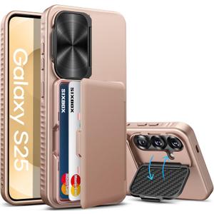 SIXBOX for Samsung Galaxy S25 Case with Card Holder & Camera Lens Cover Stand, Military Grade Drop Protection Shockproof Rugged Kickstand Wallet Protective Phone Case for Samsung S25 2025, Rose Gold