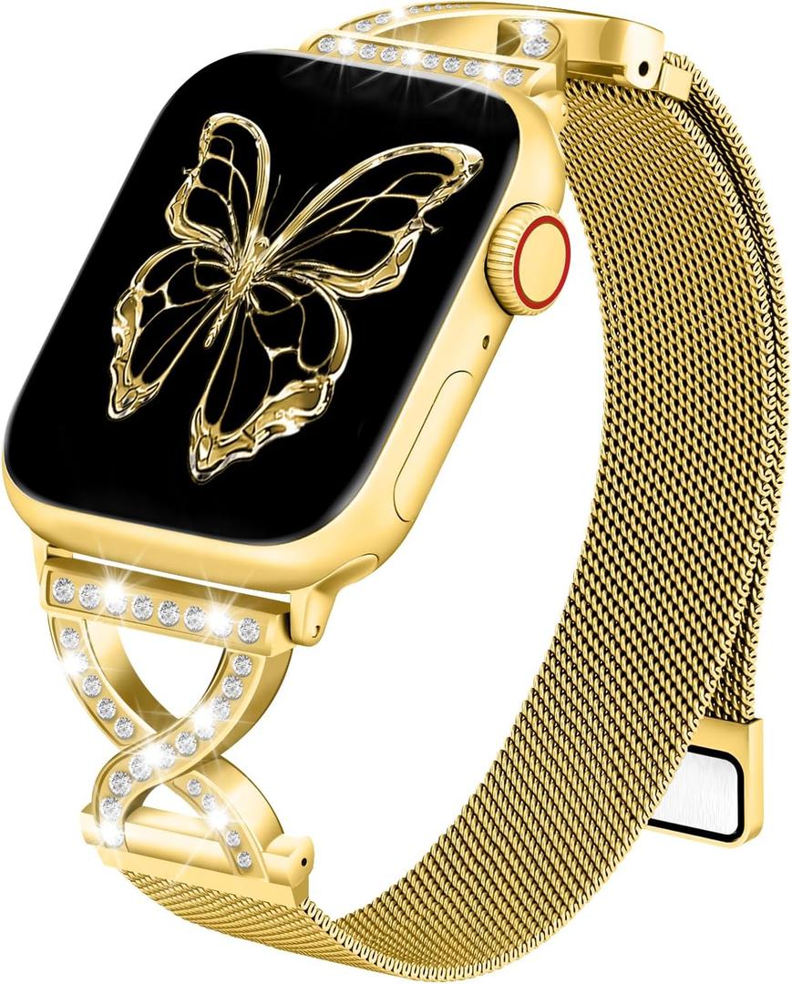 Metal Magnetic Band Compatible with Apple Watch 42mm 38mm 40mm 41mm, Stainless Steel Dressy Mesh Loop Strap with X-Shape Diamond Women
