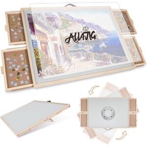 ALL4JIG 1500 Pieces 2-in-1 Tilting & Rotating Puzzle Board for Adults Gifts, Wooden Jigsaw Puzzle Table with 4 Drawers, Portable Board with Lazy Susan and Cover, 25.2" x 34.2" (Metal)