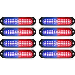 ASPL 8pcs Sync Feature Ultra Slim 12-LED Surface Mount Flashing Strobe Lights for Truck Car Vehicle LED Mini Grille Light Head Emergency Beacon Hazard Warning Lights (Red/Blue)