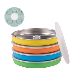 Elk and Friends Stainless Steel Divided Plates with Silicone Sleeve for Babies & Toddlers | Lids Included | Stay Put Suction | Dinner & Snack Plates | 4 Pack