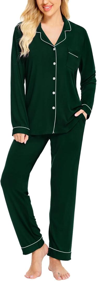 SWOMOG Womens Pajamas Set Long Sleeve Sleepwear Button Down Nightwear Soft Cotton Pj Lounge Sets (Large, Green)