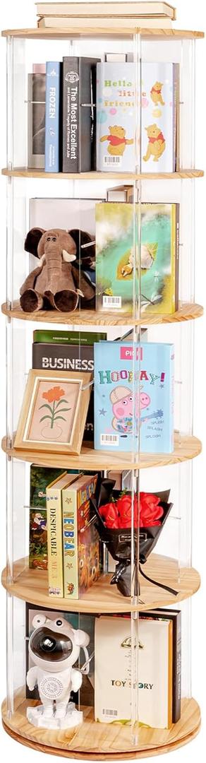 TAKEKIT 360 Rotating Bookshelf, 5-Tier Spinning Book Shelf Tower with Solid Wood & Clear Acrylic, Round Revolving Bookcase for Living Room, Bedroom and Office
