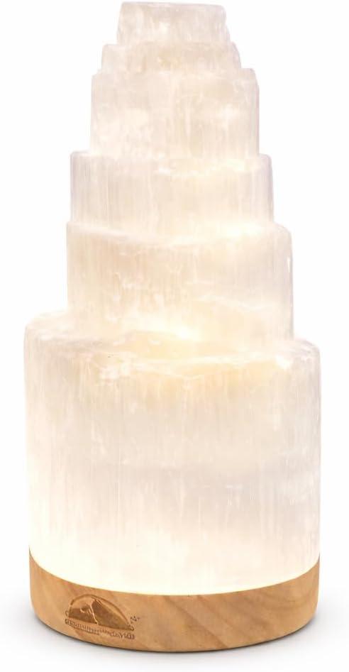 Himalayan Glow Selenite Crystal Lamp 20cm Large, Hand Curved Crystal Lamp with (ETL Certified) Wooden Base & USB Charging Cable for Home Dcor - White