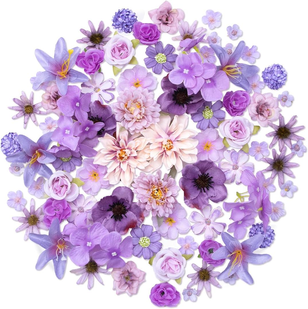Faux Flower Heads Mini Purple Artificial Flower Heads Fake Flowers Combo with Stems Rose Peony Dahlia Daisy Small Silk Flower Heads for Craft DIY Garland Wedding Party Baby Shower Home Decor, 80Pcs