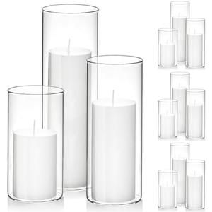 Set of 12 White Pillar Candles with Clear Glass Hurricane Holders- Elegant Cylinder Candle Vases for Weddings, Parties, Centerpieces, Home & Office Decor (White, 12 Set)