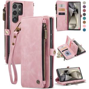 Defencase Compatible with Samsung Galaxy S24 Ultra Case Wallet with RFID Blocking Card Holder for Women Men, PU Leather Magnetic Snap Flip Zipper Strap Phone Case Fit for Galaxy S24 Ultra 5G, Pink