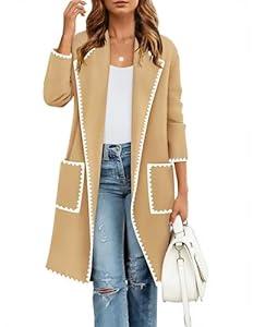 GraceSelect Womens Khaki Long Sleeve Maxi Cardigan, Open Front Oversized Knitted Sweater Coat, Casual Lapel Warm Overcoat with Pockets XL 