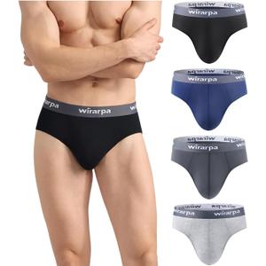 wirarpa Men's Underwear Modal No Fly Briefs Silky Comfortable Underpants 4 Pack (Large, Black/Deep Blue/Deep Grey/Heather Grey)