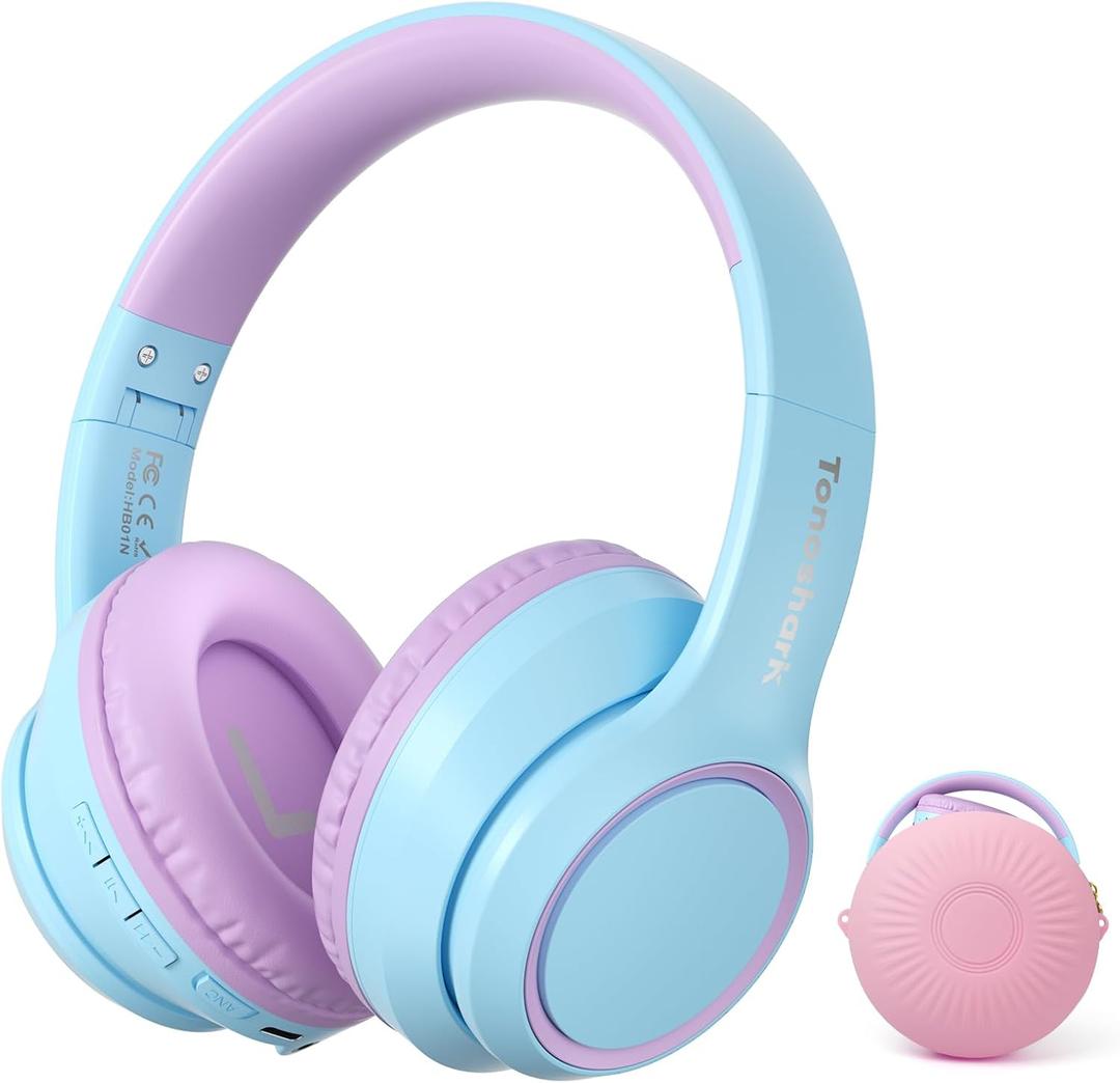 Kids Bluetooth Headphones with Active Noise Cancelling, Wireless Over-Ear Headphones for Boys Girls, Foldable, Adjustable, 40H Playtime, Mic for School Travel (Purple Blue)